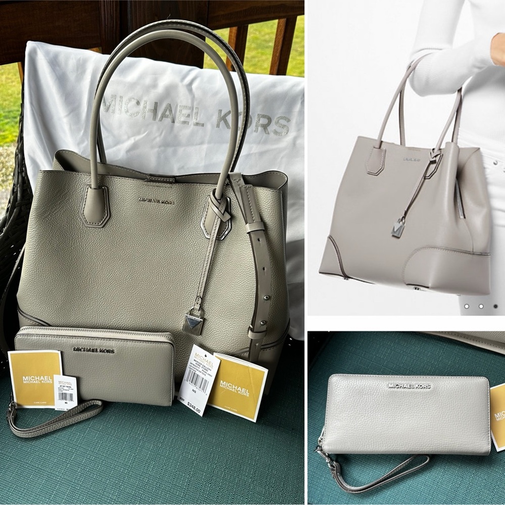 Michael Kors Large Center Zip Tote & Jet Set Travel Continental Wristlet in Grey